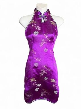Purple Satin Halter Mini Cheongsam Dress